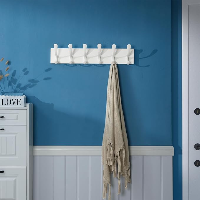 SKOLOO Coat Rack Wall Mount - Wooden White Wall Coat Hook, Wall Coat Hanger Rack with 6 Hooks for Hanging Coats, Hats, Clothing, Scarfs, White