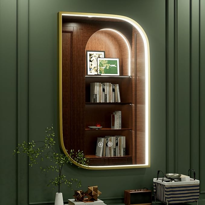 22x36 Inch Gold LED Mirror for Bathroom with Lights, Adjustable 3000K/4500K/6000K, Irregular Frame Lighted Bathroom Vanity Mirror, Stepless Dimmable, Anti-Fog, Wall Mounted