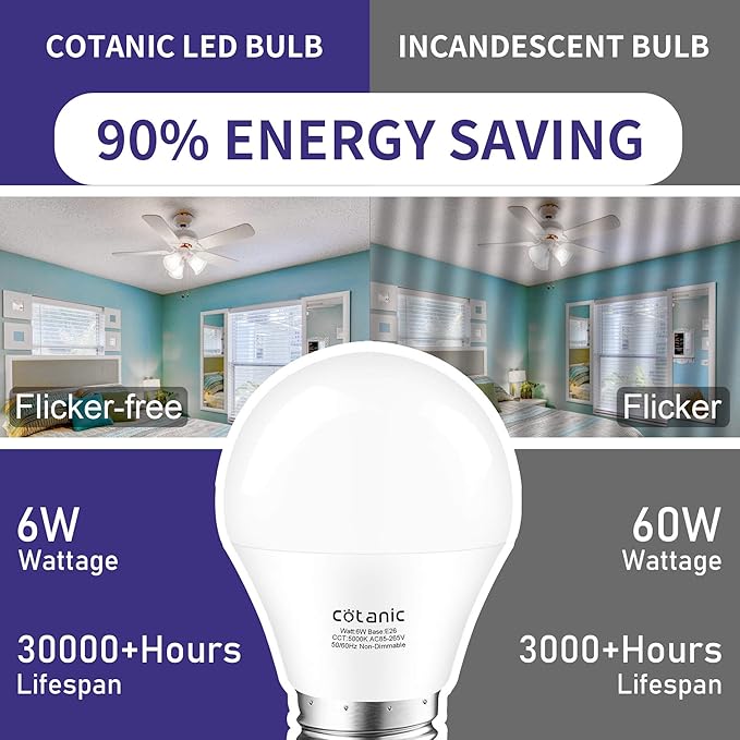 Cotanic Ceiling Fan Light Bulb 5000K Daylight A15 LED Bulb,E26 Medium Base Chandelier Light Bulb, 6W 60W Equivalent,600lm,Non-Dimmable,6 Pack