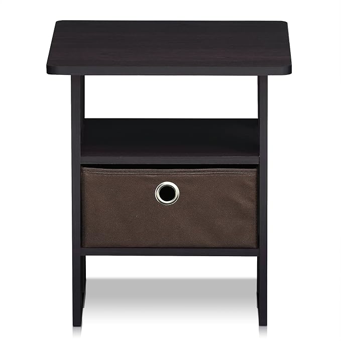 Furinno ANDREY Side Table, End Table, Night Stand with Open Shelves and Storage Bin, Bedside Table, for Living Room, Bedroom, Dark Walnut
