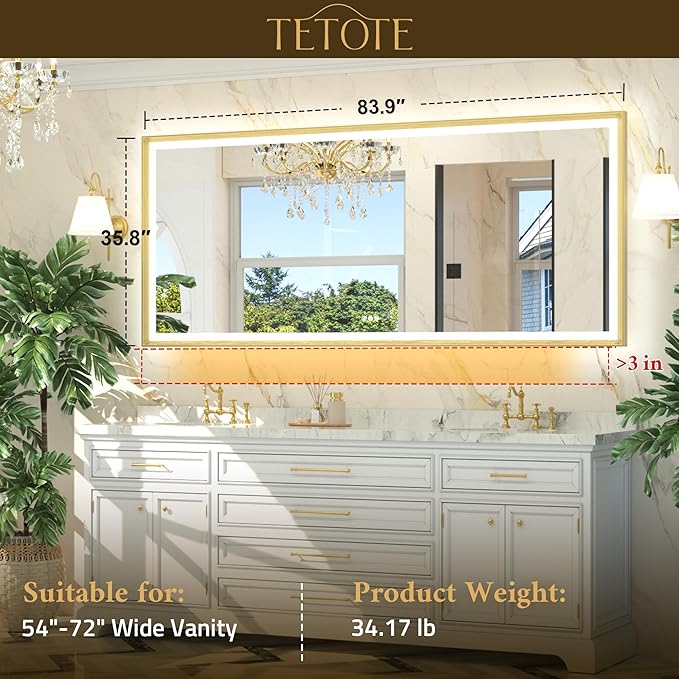 TETOTE 84x36 LED Bathroom Mirror with Lights Gold Frame Frontlit & Backlit Lighted Vanity Mirror Baroque Anti Fog Dimmable White/Warm/Natural,CRI90+,Waterproof,Wall Mounted(Horizontal/Vertical)