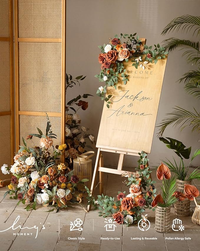 Ling's Moment 2pcs Wedding Flowers Garland Artificial Floral Swag Arch Decorations Rose Greenery Arrangements Sunset Terracotta Ceremony Reception Garden Easel Wall Entryway Outdoor (NOT Include Sign)