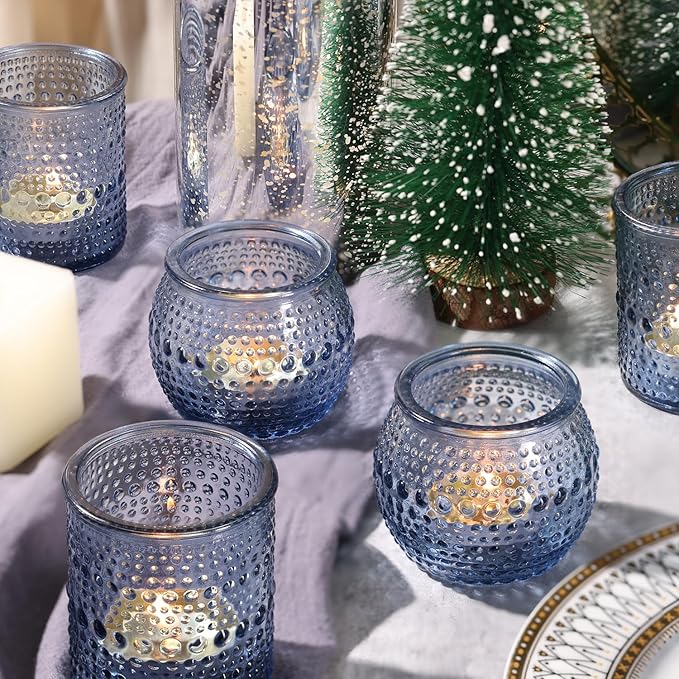 16 Pcs Assorted Blue Votive Candle Holders- Tea Light Candle Holder Glass for Wedding Bridal Shower Table Decor, Blue Candle Holders for Fall, Thanksgiving, Vintage Wedding Table Decor