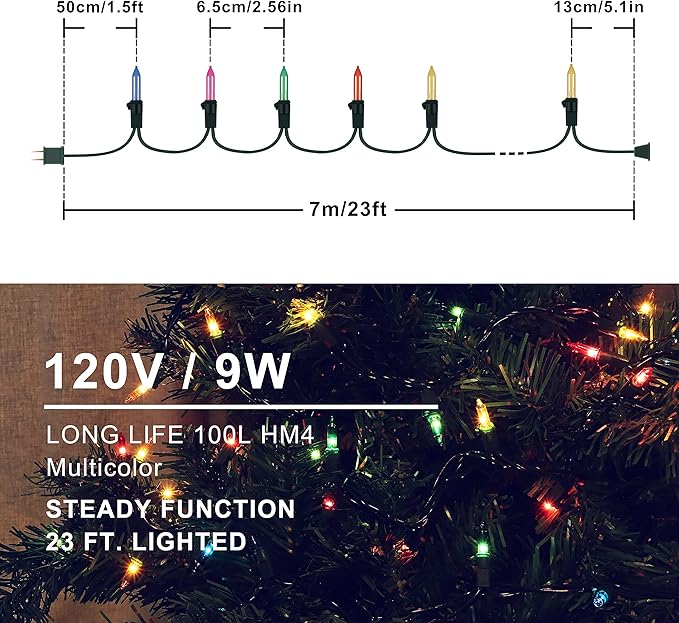 woohaha Multicolor Christmas Lights - 2 Pack 23Ft 100Count Incandescent Tree Lights with Green Wire, Plug-in Mini String Lights for Home, Party, Holiday, Indoor/Outdoor Decor