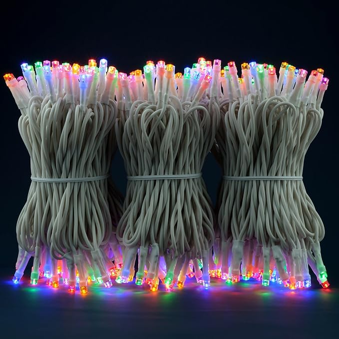 YULETIME 100 ft 300 Count Multicolor LED String Lights with 8 Models Adapter, White Wire Wide Angle 5mm Christmas Lights (Multicolor - White Wire)