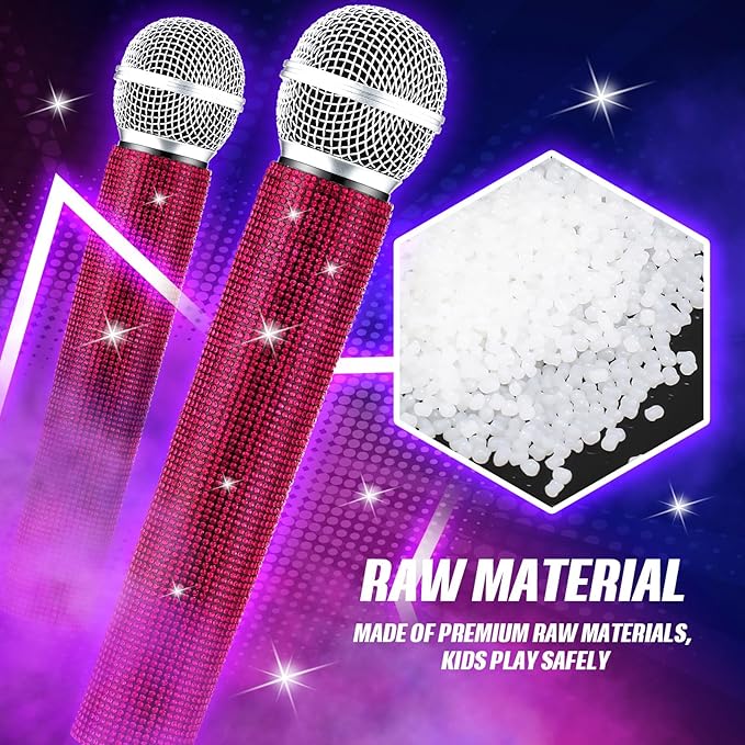 Sanwuta Fake Microphone Prop Sparkly Bling Rhinestones Plastic Play Microphone Pretend Glitter Bedazzled Mic for Cosplay Party Costume(Dark Pink)