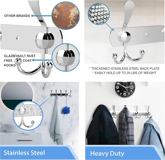 GlazieVault Coat Rack Wall Mount - Stainless Steel Coat Hooks (2 Pack) - Heavy Duty Wall Hooks for Clothes & Accessories
