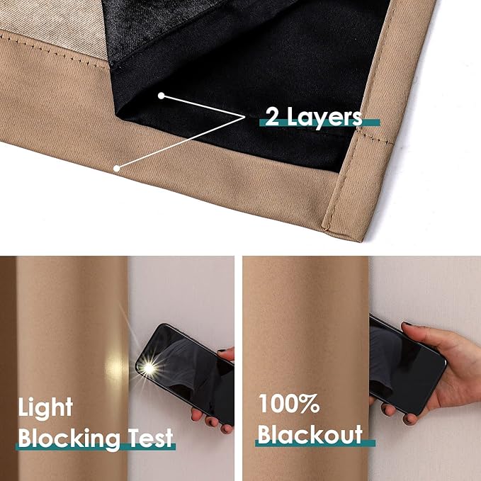 ChrisDowa 100% Blackout Curtains 63 inch Long for Bedroom with Black Liner, Extra Wide 2 Thick Layers Total Blackout Thermal Insulated Grommet Window Curtains 2 Panels Set (Cappuccino, 60 x 63 Inch)