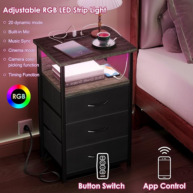 Fixwal Night Stand with Charging Station, LED Nightstand with U-S-B Ports and Outlets, 3 Fabric Storage Drawers with PU Finish, Bed Side Table, Charcoal Gray