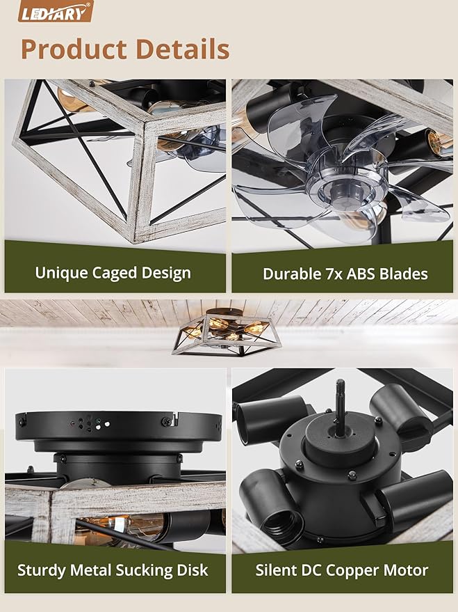 LEDIARY Ceiling Fans With Lights Remote Control, 22 Inch Farmhouse Caged Flush Mount Ceiling Fan Low Profile, Small Industrial Rustic Quiet Ceiling Fan With Remote For Bedroom, Kitchen, Indoor Home