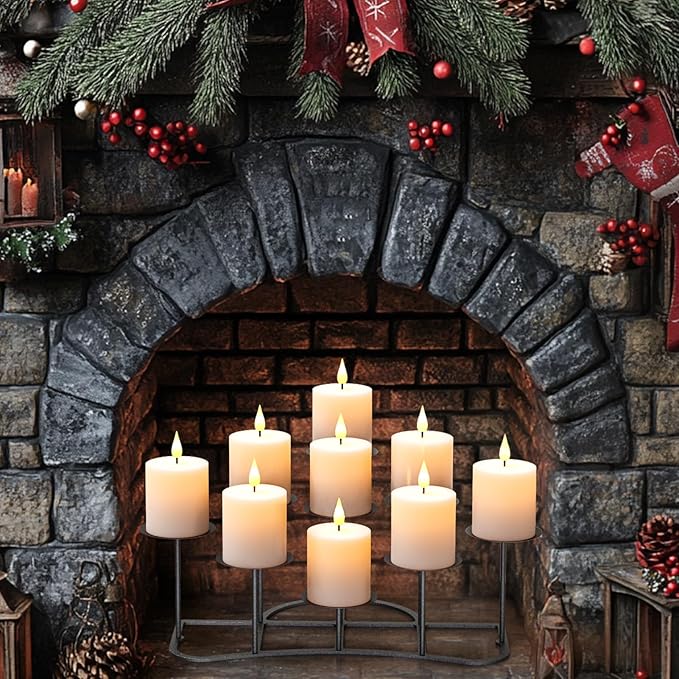 smtyle DIY 9 Mantle Candelabra Flameless or Wax Candle Holders for Fireplace with Black Iron Decoration on Desk/Floor