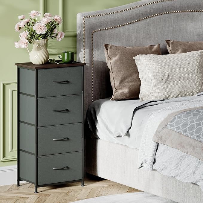 Somdot Tall Dresser for Bedroom, 4 Drawer Storage Organizer Chest of Drawers with Removable Fabric Bins for Living Room Closet Bedside Nursery Laundry Entryway Hallway, Charcoal Grey