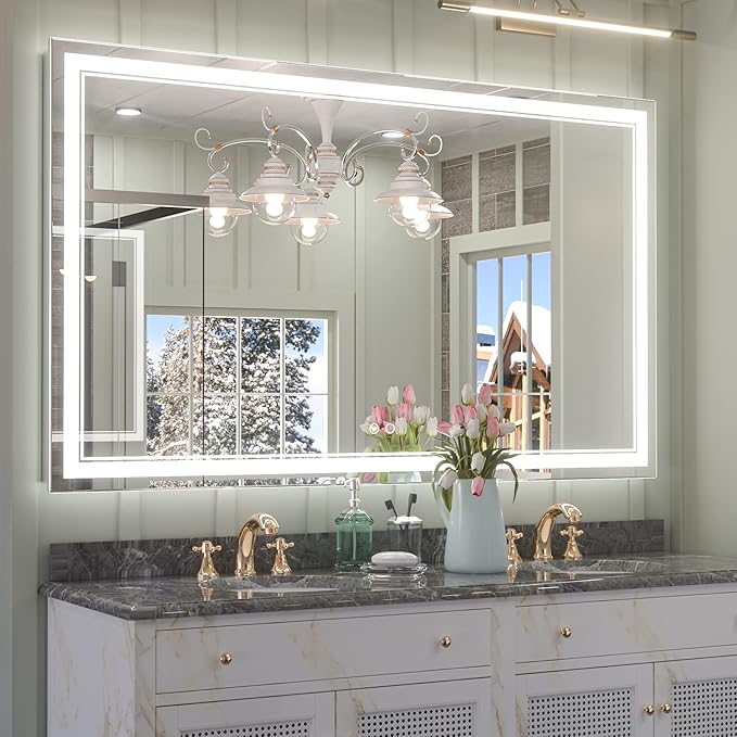 Keonjinn LED Bathroom Mirror with Lights 60 x 36 Inch, Large LED Vanity Mirror for Bathroom, HD Tempered Glass, UL Listed LED Driver, Easy to Install, Anti-Fog, Memory Dimmable 6000K, Frontlit Only
