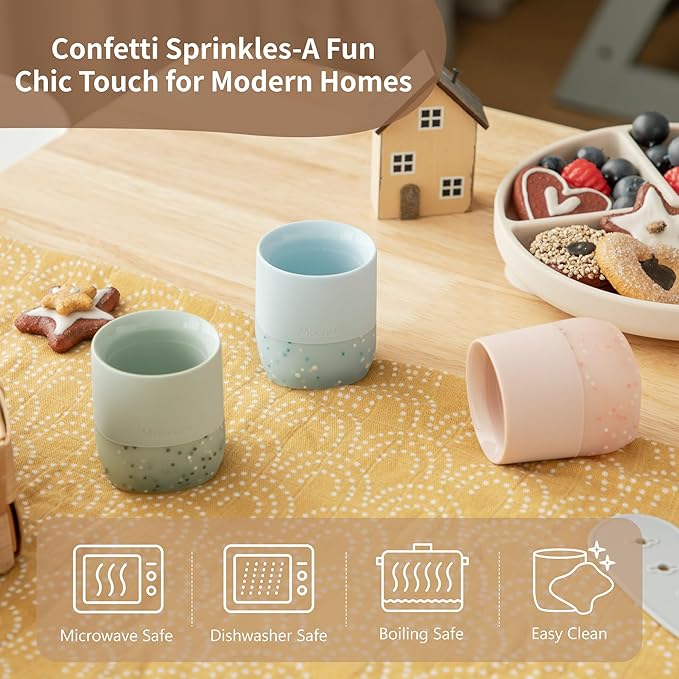 Moonkie Silicone Baby Cups 4 Months+ | Open Training Drinkware for Infants with Confetti Sprinkles | Baby-Led Weaning Essential | 2 oz (Blush/Soft Lilac, 2 Pack)