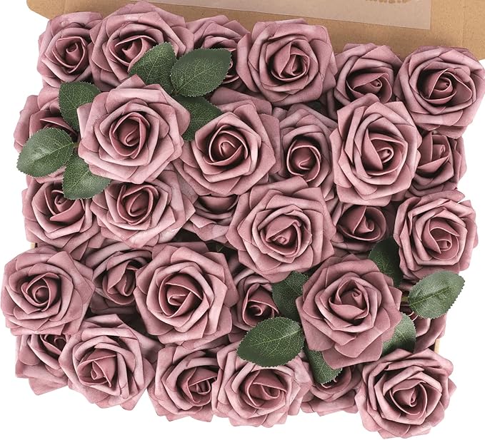 MACTING Artificial Rose Flowers 30PCS Real Touch Fake Flowers with Stem Foam Roses for DIY Wedding Bouquets Table Centerpieces Baby Shower Party Spring Home Mothers Day Decor (Dusty Purple Pink)