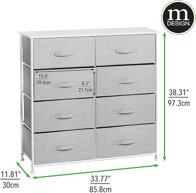 mDesign 38.31" High Steel Frame/Wood Top Storage Dresser Furniture Unit with 8 Removable Fabric Drawers - Large Bureau Organizer for Bedroom, Living Room, or Closet - Lido Collection, Gray