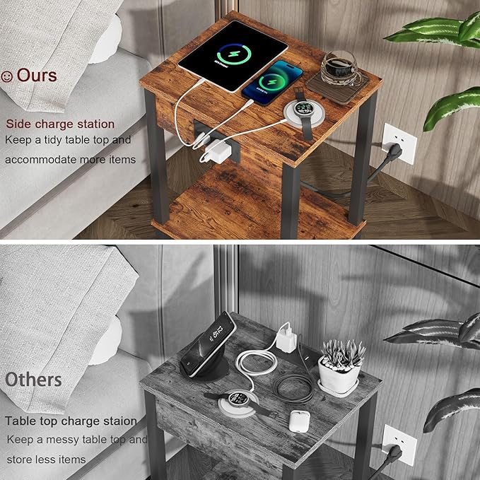 VIMBER Set of 2 End Table with Charging Station, Narrow Side Table with USB Ports and Outlets, Nightstands with 2-Tier Storage Shelves, Sofa Table for Small Space Living Room Bedroom