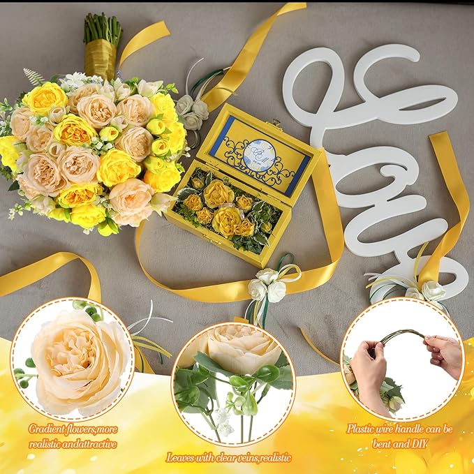 Geosar 16 Bundles Artificial Peonies Flowers Fake Silk Peony Bouquet Faux Peonies Flowers Bulk for Decoration Vase Floral Arrangements Wedding Party Table (Yellow,Champagne)