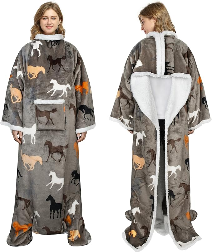 Catalonia Sherpa Wearable Blanket with Sleeves & Foot Pockets for Adult Women Men, Comfy Snuggle Wrap Sleeved Throw Blanket Robe, Gift Idea, Taupe Horse