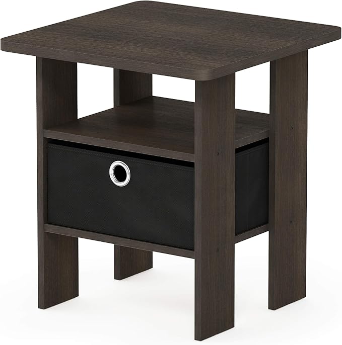 Furinno ANDREY Side Table, End Table, Night Stand with Open Shelves and Storage Bin, Bedside Table, for Living Room, Bedroom, Dark Brown