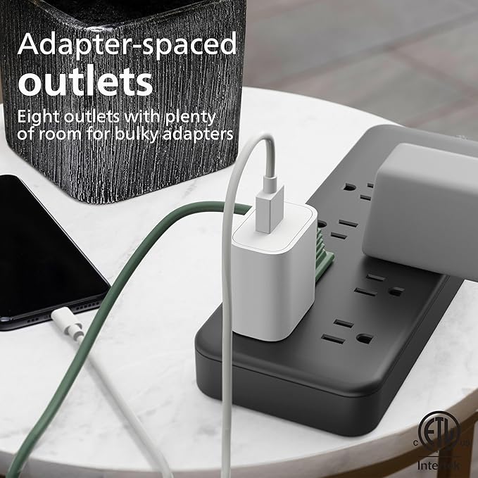 Philips EZFit 8-Outlet Surge Protector Power Strip, 8 Ft Braided Extension Cord, Widely Spaced Outlets, Flat Plug, for Home Office Dorm Essentials, 2160 Joules, Black, SPP3673B/37