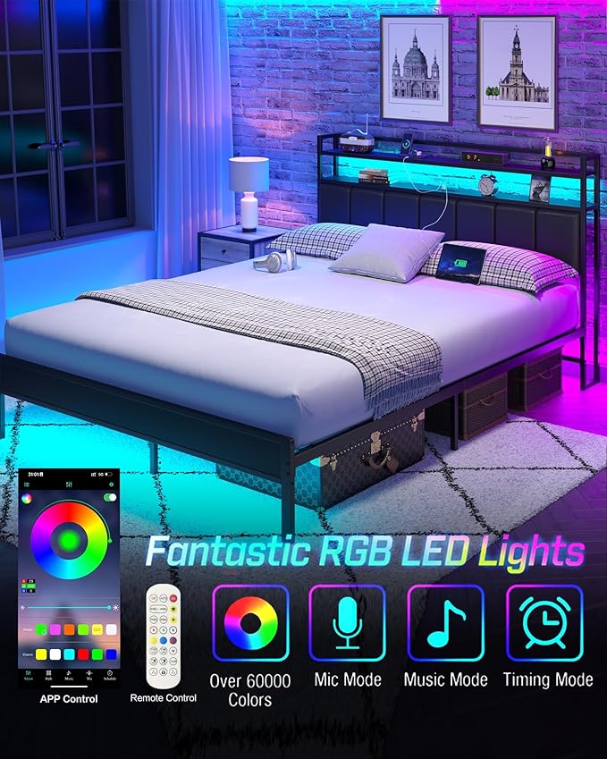 Queen Size Bed Frame with Charging Station and LED Lights, Metal Bed Frame with Headboard, Black Upholstered Headboard with 2-Tier Storage Shelves, Noise Free, No Box Spring Needed