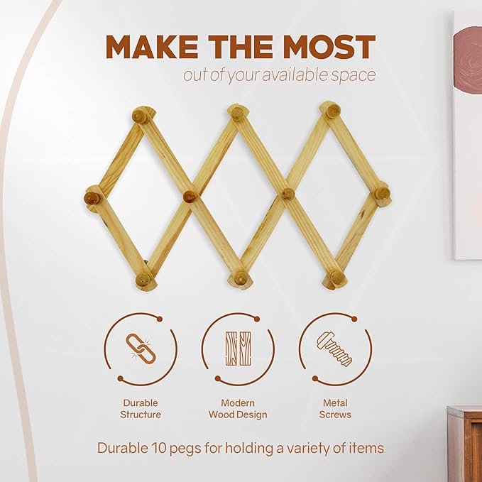 Set of 4 RAM-PRO Accordion Style Wood Expandable Wall Rack for Hat, Cap, Belt, Umbrella Coffee Mug Jewelry Hanging Wooden Pegs