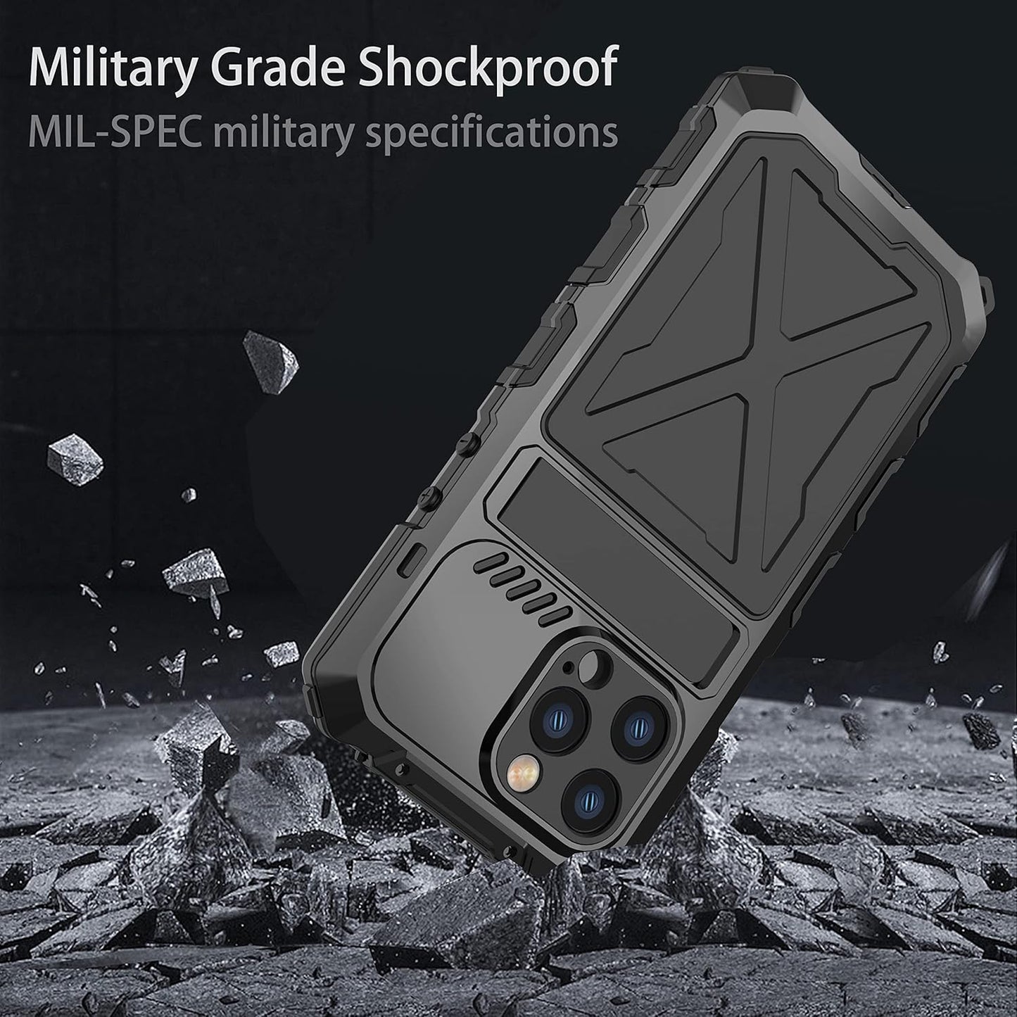 iPhone 14 Plus Metal Bumper Case, Military Rugged Heavy Duty Armor Defender with Built-in Gorilla Glass (Black)