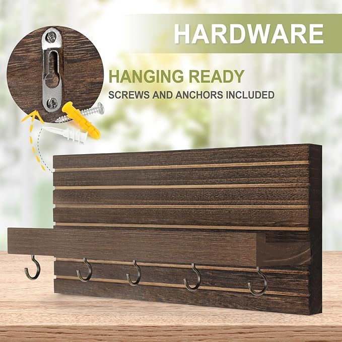 Decorative Key Holder for Wall with Shelf, Entryway Shelf with Hooks Holds Leashes, Jackets and Glasses – Sturdy Wood Keyholder Entrance Hanger with Mounting Hardware (Brown, Medium)