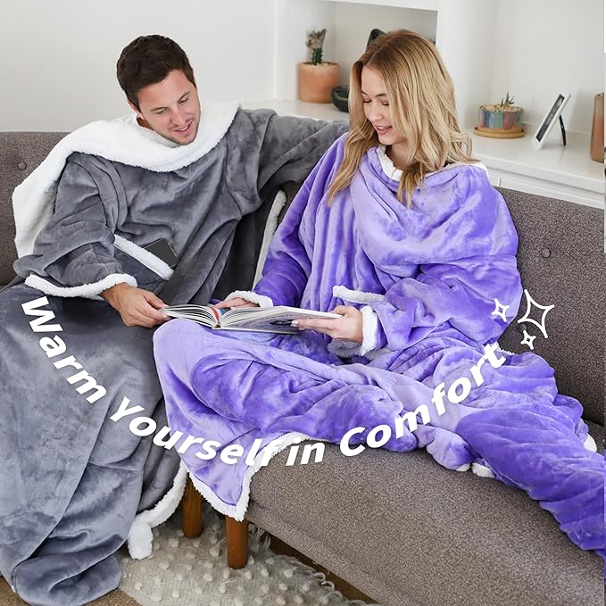 Catalonia Sherpa Wearable Blanket with Sleeves & Foot Pockets for Adult Women Men, Comfy Snuggly Wrap Sleeved Throw Blanket Robe, Gift Idea