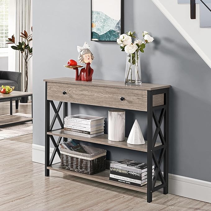 Yaheetech Console Table with Drawer, Entryway Table with 3 Tier Storage Shelves, Narrow Long Sofa Table for Entryway, Living Room, Hallway, Couch, Kitchen, Metal Frame, Gray