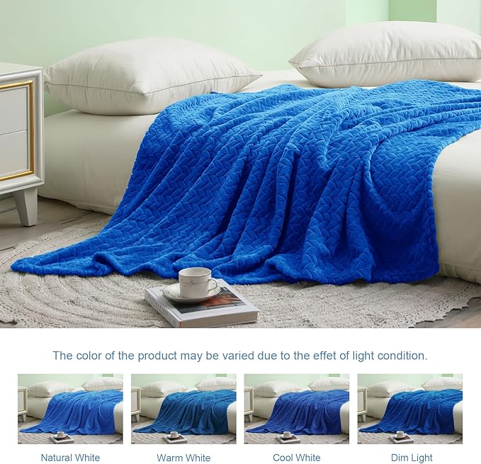 Exclusivo Mezcla Fleece Queen Size Blanket for Bed, 90x90 Inches Soft Cozy Jacquard Flannel Blankets, Lightweight Fuzzy Plush Warm for Winter, Cobalt Blue