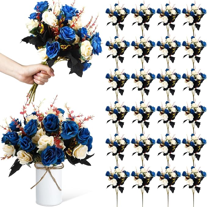 Hotop 24 Bunches of Artificial Flowers Centerpiece 13 Inches Silk Faux Roses Bouquets for Table Decoration Realistic Bouquet Arrangement Boho Faux Flowers for Wedding (Dark Blue)
