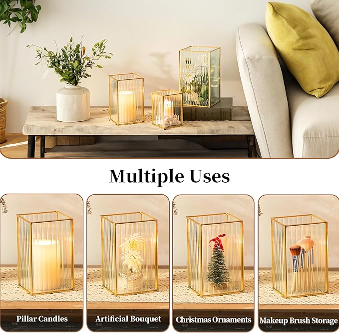 Glasseam Hurricane Glass Candle Holder: Ribbed Gold Pillar Candle Holders Set of 3 Square Metal Candle Holders for Table Centerpiece Modern Small Lanterns Decorative Indoor for Christmas Wedding Decor