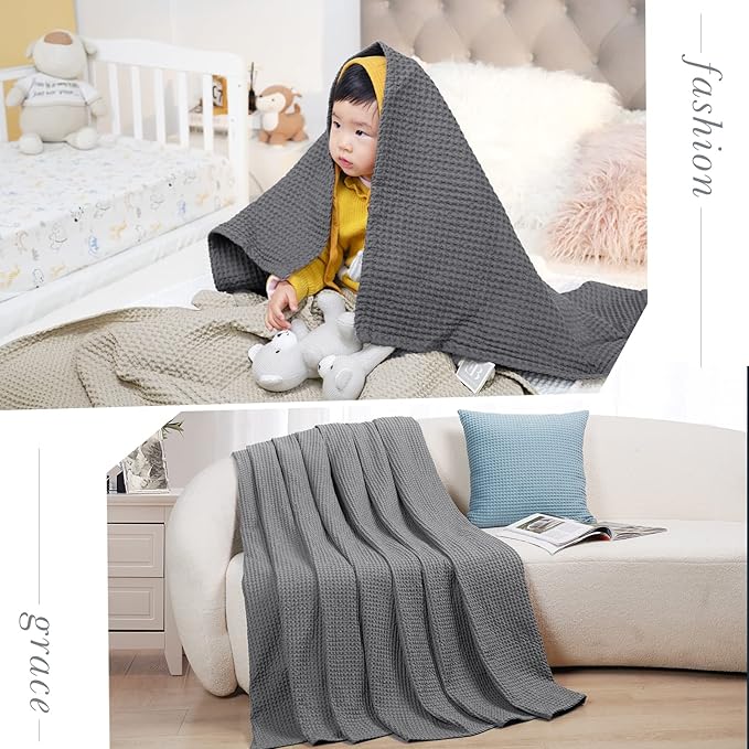 PHF Pre-Washed Cotton Waffle Weave Blanket Throw Size for Couch Bed,Snag Proof Spring Summer Lightweight Breathable,Oeko-TEX Certified,Machine Washable, Home Decor Gift，Charcoal