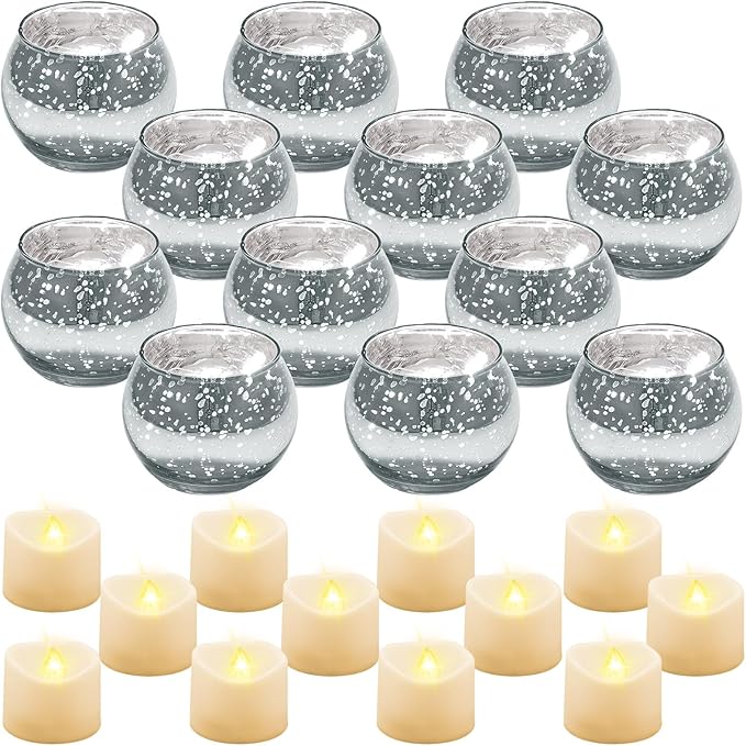 Rtteri 12 Set Votive Candle Holders Wedding Centerpiece Table Decorations Speckled Mercury Glass Votive Candle Holders with Tea Lights Birthday Party Decorations for Home (Silver)