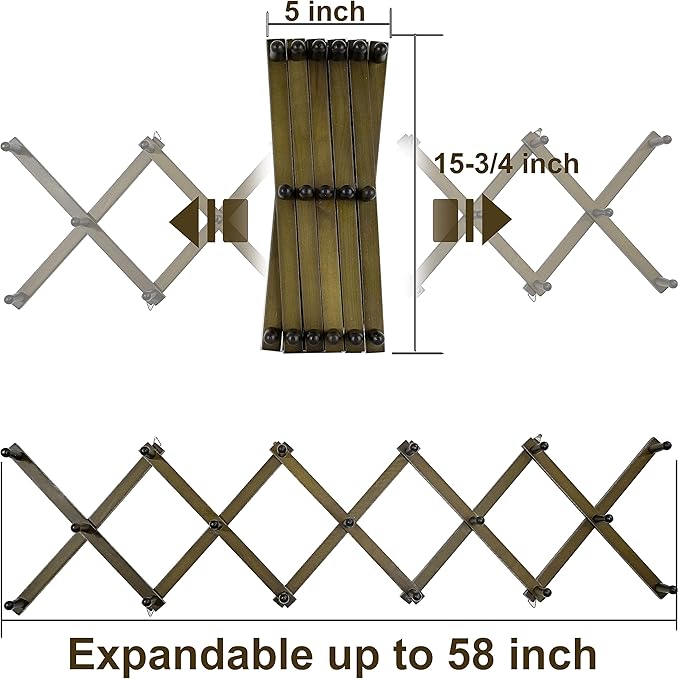 WEBI Accordion Wall Hanger,Expandable Wooden Hat Rack for Wall Mounted Coat Rack,Accordion Hat Hooks Holder for Baseball Caps,17 Peg,Dark Walnut