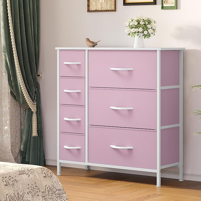 YITAHOME Dresser, 7 Drawers Fabric Dresser, Organizer Unit for Living Room, Hallway, Closets - Sturdy Steel Frame, Wooden Top & Easy Pull Fabric Bins, Pink