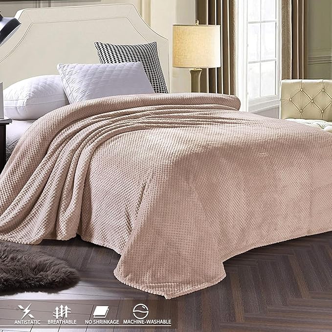 Exclusivo Mezcla Fleece Bed Blanket Twin Size, Super Soft and Warm Blankets for Couch, Sofa and Bed Waffle Textured, Cozy, Fuzzy and Lightweight (Camel, 90x66 Inches)