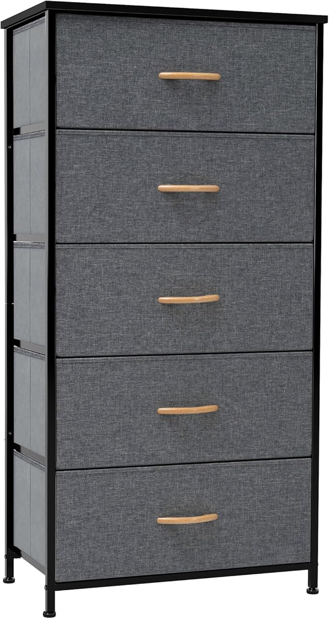 Crestlive Products Vertical Dresser Storage Tower - Sturdy Steel Frame, Wood Top, Easy Pull Fabric Bins - Wide Organizer Unit for Bedroom, Hallway, Entryway, Closets - 5 Drawers(Gray)