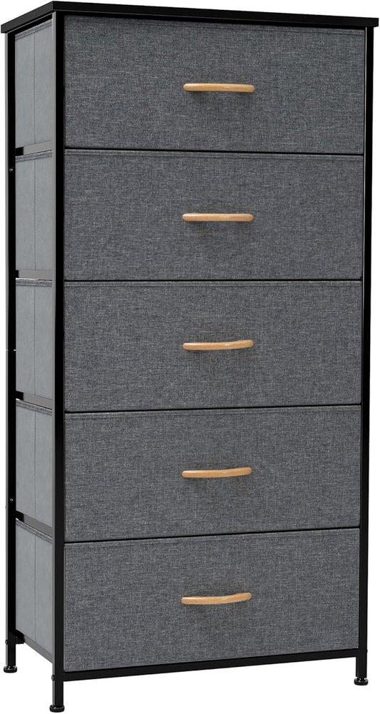 Crestlive Products Vertical Dresser Storage Tower - Sturdy Steel Frame, Wood Top, Easy Pull Fabric Bins - Wide Organizer Unit for Bedroom, Hallway, Entryway, Closets - 5 Drawers(Gray)