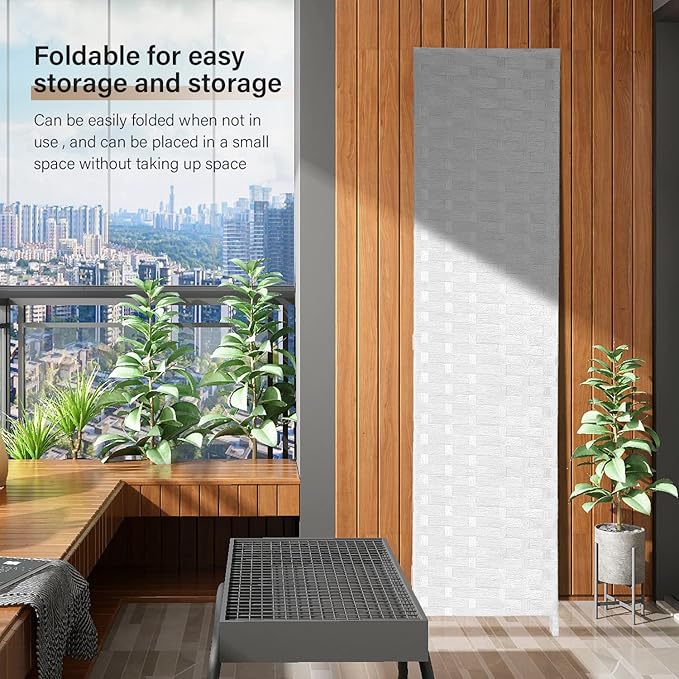 Room Divider Wood Screen Wood Mesh Woven Design Room Divider Folding Portable Partition Screen for Home Office (4 Panel, White)