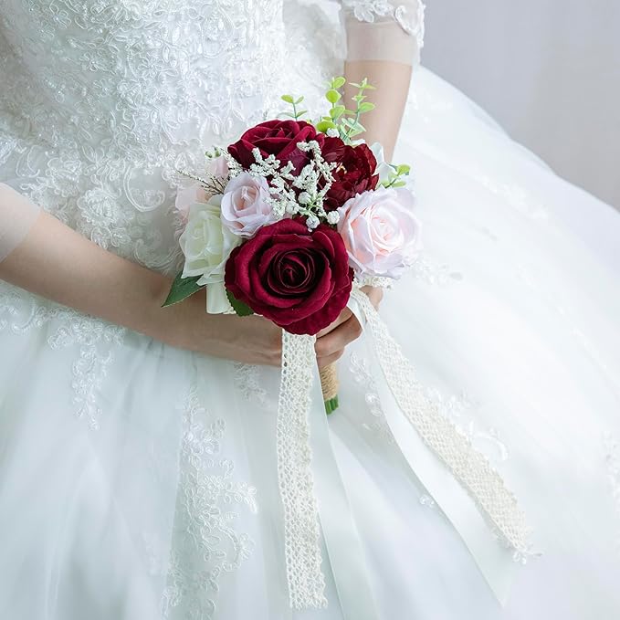 Wedding Bouquets for Bride Bridesmaid, Artificial Burgundy Blush Bride Flower Bouquet for Wedding Church Decoration Ceremony, Anniversary, etc, Roses Flowers