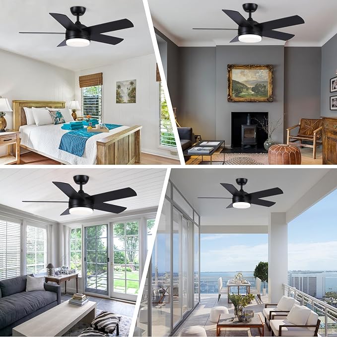 YUHAO 44 Inch Black Ceiling Fan with Light and Remote Control.Noiseless,Dimmable,3CCT,6 Speeds Reversible, DC Ceiling Fans for Indoor or Covered Outdoor
