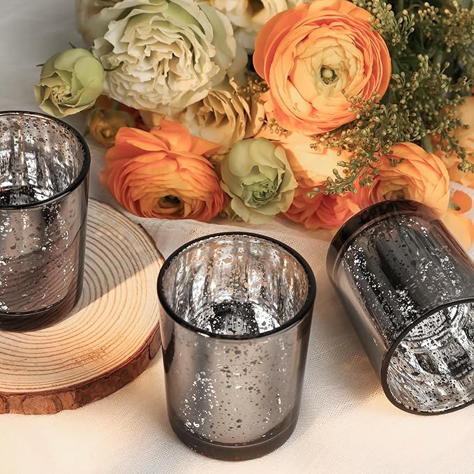 24 Pcs Black Votive Candle Holders, Speckled Mercury Black Glass Candle Holder Bulk for Wedding Centerpiece Table Decor, Tea Lights Candle Holder for Valentines Day Decor, Home Decor