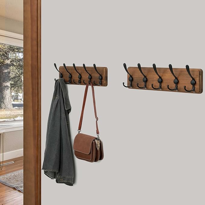 WEBI Rustic Coat Rack Wall Mounted,Wood Coat Hanger Wall,5 Coat Hooks,16" Hole to Hole,Hook Rack Rail,5 Triple Hooks for Hanging Jacket,Clothes,Hats,Entryway,Brown,2 Packs
