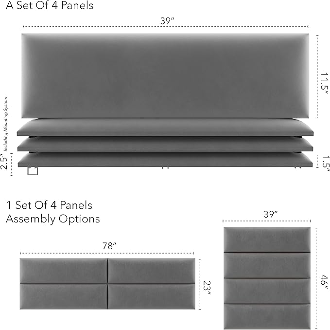 Vänt Upholstered Wall Panels - King/Cal King Size Wall Mounted Velvet Headboards - Velvet Smoke Grey - Twin/King - Set of 4 Panels (Each Individual Panel 39"x11.5")