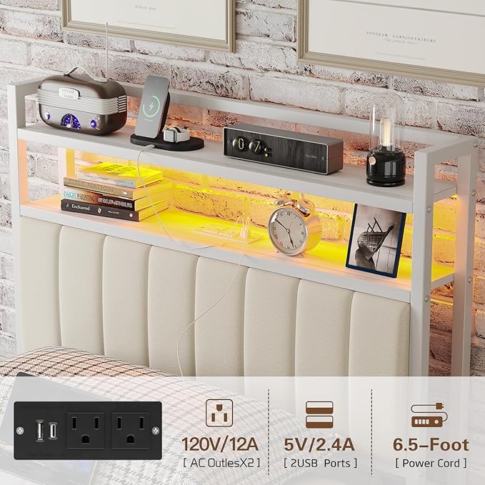 Twin Size Bed Frame with Charging Station and LED Lights, Metal Bed Frame with Headboard, White Upholstered Headboard with 2-Tier Storage Shelves, Noise Free, No Box Spring Needed, White