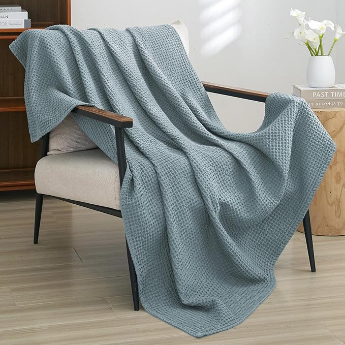 PHF 100% Cotton Waffle Weave Throw Blanket，Pre-Washed Snag Proof Lightweight Breathable Moisture-Wicking for Layering in Cold Weather for Couch Bed,Machine Washable,Home Decor Gift-Ocean