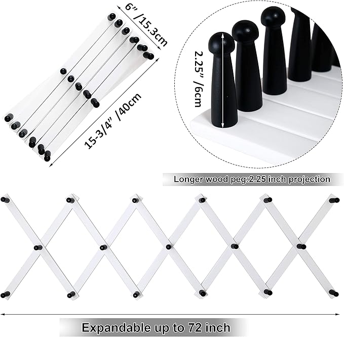WEBI Accordion Wall Hanger,Expandable Wooden Hat Rack for Wall Mounted Coat Rack,Accordion Hat Hooks Holder for Baseball Caps,17 Peg Hooks,Black on White